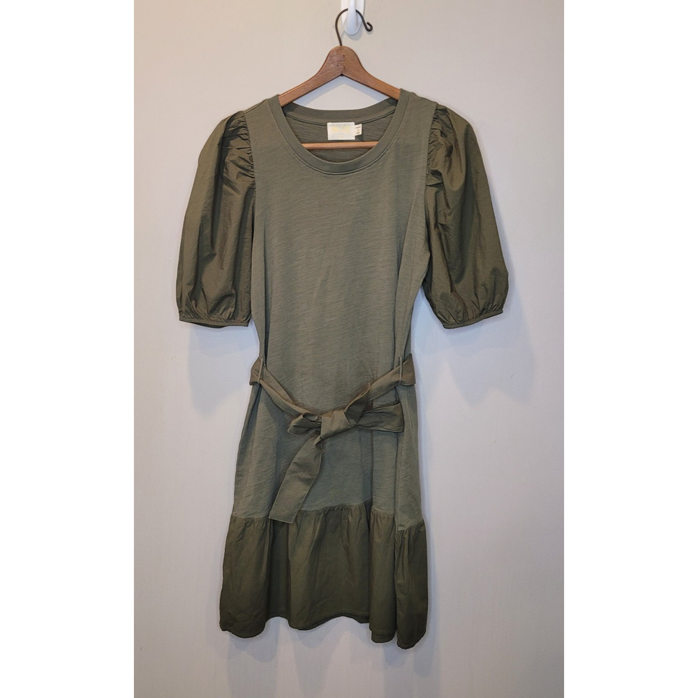 Nation LTD Green Cotton Evangeline Puff Sleeve Flounced Hem Belted Dress Size S